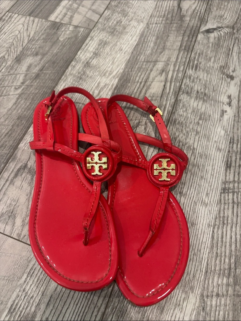 Tory Burch Red Patent Leather Logo Thong Sandals.   So pretty with denim